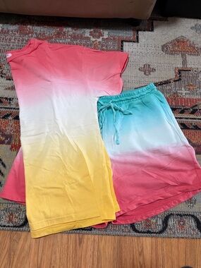 Zenana Outfitters Ombre Tee and Shorts Set in Pink, Yellow, Turquoise, White